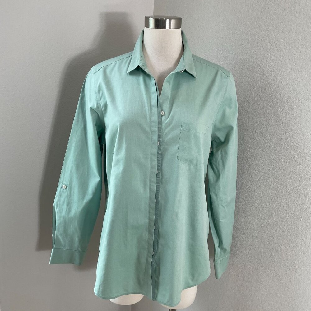 Foxcroft Womens 12 Non Iron Sage Green Button Up‎ Shirt Roll Tab Sleeve Blouse